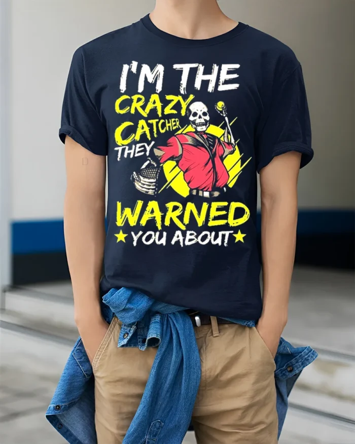 Funny Skeleton Catcher T-Shirt Wild Baseball Humor Tee - model wearing navy shirt, hands in pockets