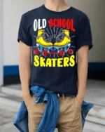 Old School Skaters T-Shirt Retro Roller Skate Graphic Tee - model wearing navy shirt, hands in pockets