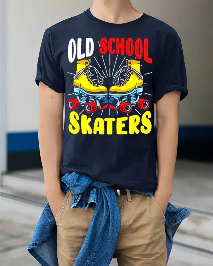 Old School Skaters T-Shirt Retro Roller Skate Graphic Tee - model wearing navy shirt, hands in pockets
