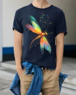 Rainbow Dragonfly T-Shirt Colorful Nature Insect Design - model wearing navy shirt, hands in pockets