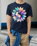 Vibrant Fox and Flowers T-Shirt Mystical Nature Art - model wearing navy shirt, hands in pockets