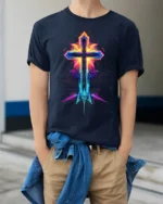 Neon Flame Cross T-Shirt Christian Faith Graphic Tee - model wearing navy shirt, hands in pockets