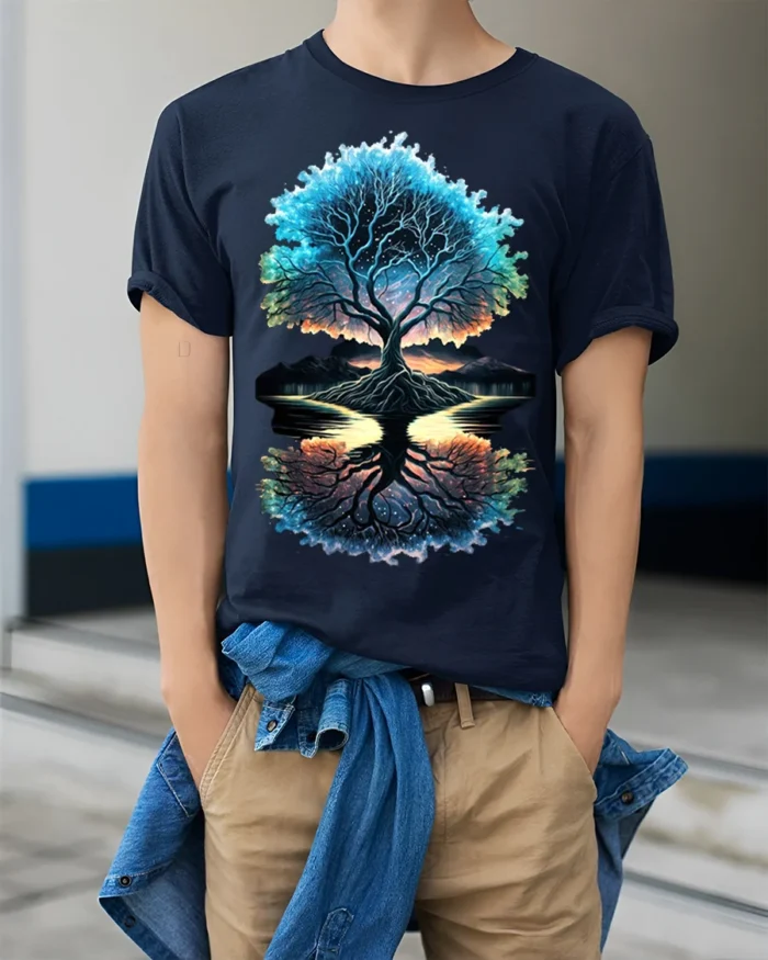 Tree of Life Reflection T-Shirt Cosmic Nature Graphic Tee - model wearing navy shirt, hands in pockets