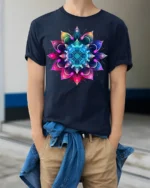 Vibrant Mandala Flower T-Shirt Spiritual Art Tee - model wearing navy shirt, hands in pockets