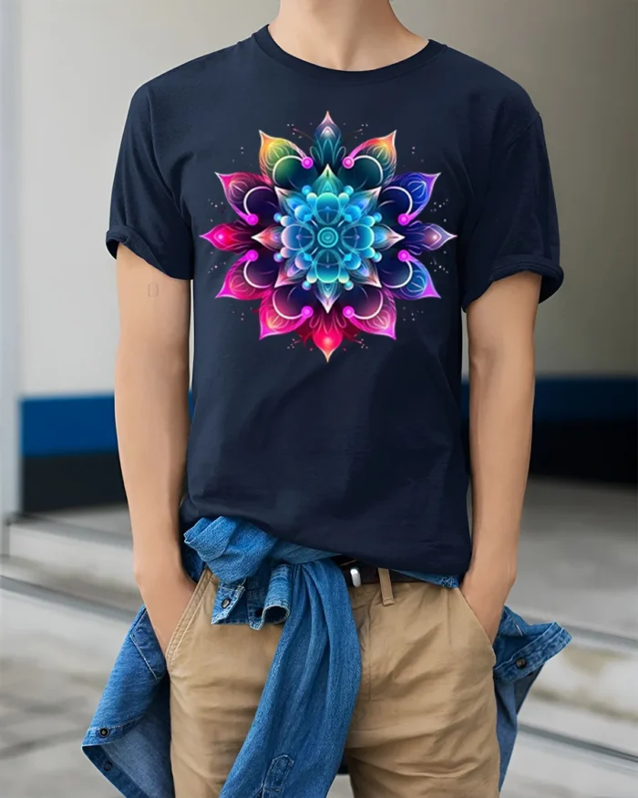 Vibrant Mandala Flower T-Shirt Spiritual Art Tee - model wearing navy shirt, hands in pockets