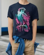 Neon Hawk T-Shirt Bold Falcon Graphic Streetwear Tee - model wearing navy shirt, hands in pockets