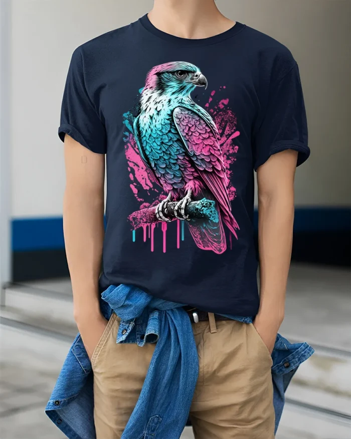 Neon Hawk T-Shirt  Bold Falcon Graphic Streetwear Tee - model wearing navy shirt, hands in pockets