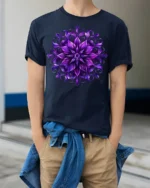 Psychedelic Floral Mandala T-Shirt Artistic Zen Style - model wearing navy shirt, hands in pockets