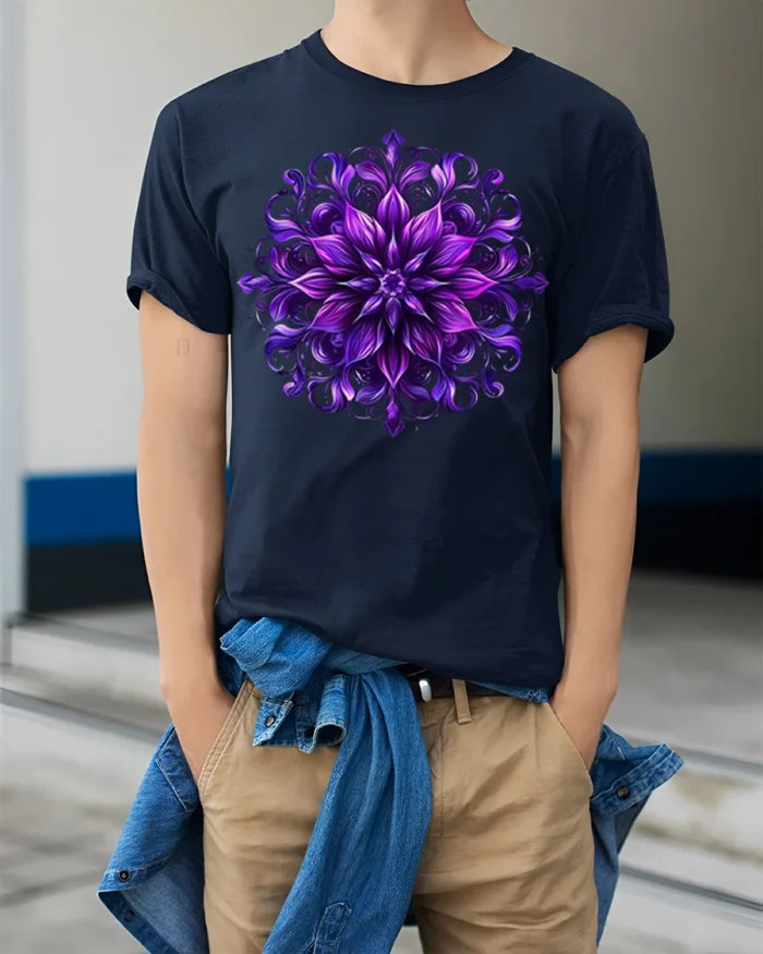 Psychedelic Floral Mandala T-Shirt  Artistic Zen Style - model wearing navy shirt, hands in pockets