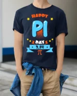 Cool Math Pi 3.14 T-Shirt for Pi Day Fun Science Tee - model wearing navy shirt, hands in pockets