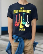 Guitar Lover’s Retirement T-Shirt Soft Cotton Rock Tee - model wearing navy shirt, hands in pockets