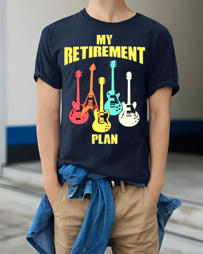 Guitar Lover’s Retirement T-Shirt Soft Cotton Rock Tee - model wearing navy shirt, hands in pockets