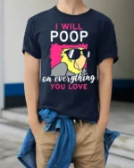 Funny Parrot T-Shirt I Will Poop on Everything You Love Tee - model wearing navy shirt, hands in pockets