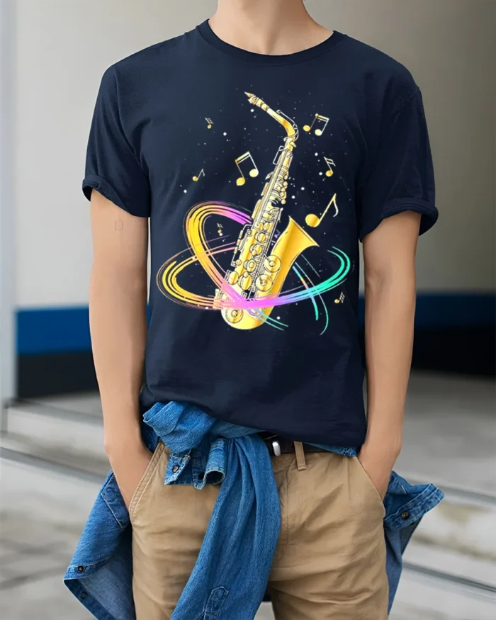 Colorful Saxophone T-Shirt Musical Jazz Notes Graphic Tee - model wearing navy shirt, hands in pockets