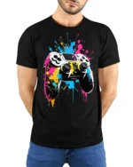 Vibrant Gamer T-Shirt with Splatter Art Controller Print - model wearing black shirt, hands behind back