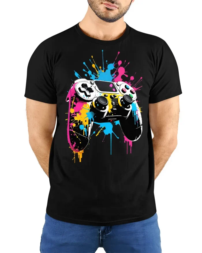 Vibrant Gamer T-Shirt with Splatter Art Controller Print - model wearing black shirt, hands behind back