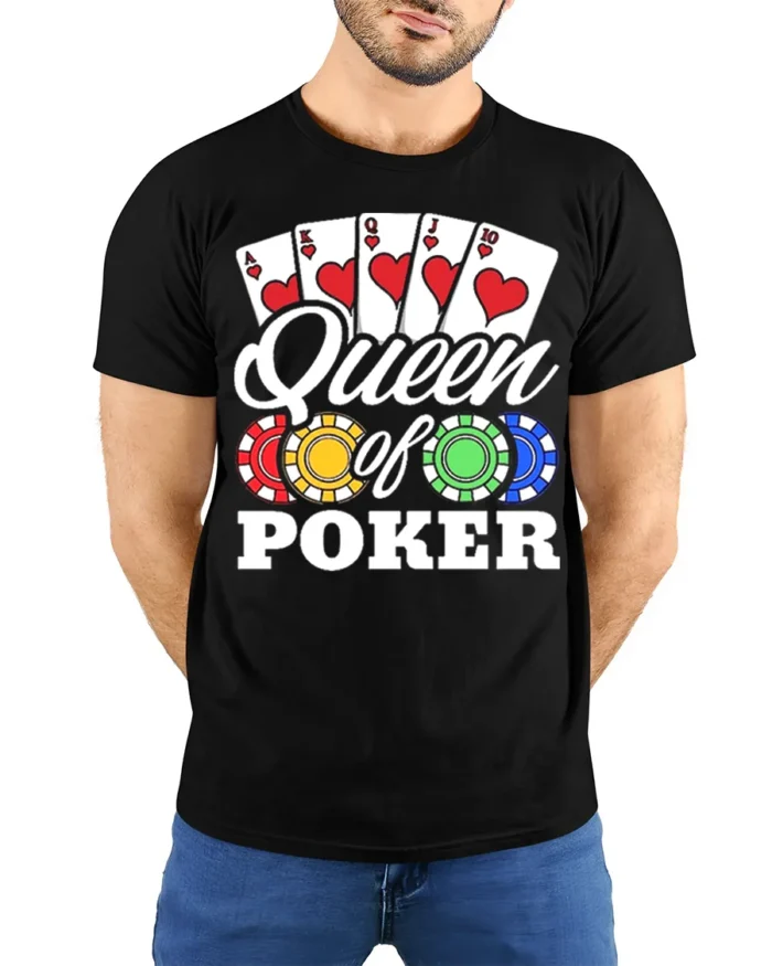 Ladies Queen of Poker T-Shirt with Chips and Card - model wearing black shirt, hands behind back