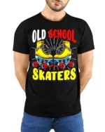 Old School Skaters T-Shirt Retro Roller Skate Graphic Tee - model wearing black shirt, hands behind back