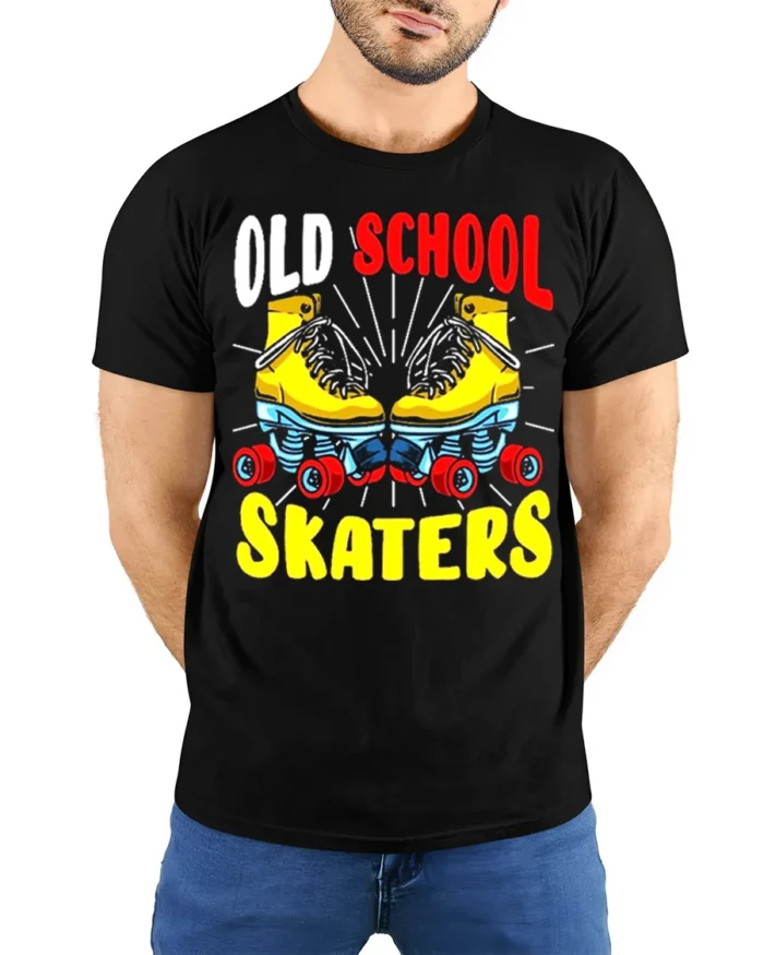Old School Skaters T-Shirt Retro Roller Skate Graphic Tee - model wearing black shirt, hands behind back