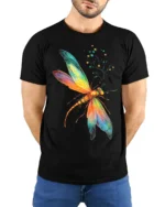 Rainbow Dragonfly T-Shirt Colorful Nature Insect Design - model wearing black shirt, hands behind back