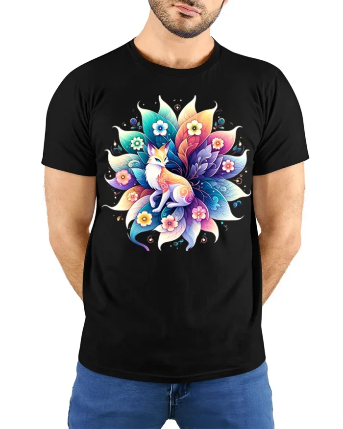 Vibrant Fox and Flowers T-Shirt Mystical Nature Art - model wearing black shirt, hands behind back