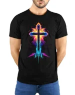 Neon Flame Cross T-Shirt Christian Faith Graphic Tee - model wearing black shirt, hands behind back