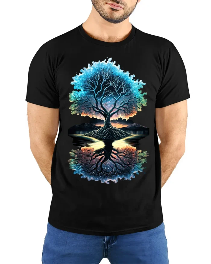 Tree of Life Reflection T-Shirt Cosmic Nature Graphic Tee - model wearing black shirt, hands behind back