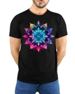 Vibrant Mandala Flower T-Shirt Spiritual Art Tee - model wearing black shirt, hands behind back