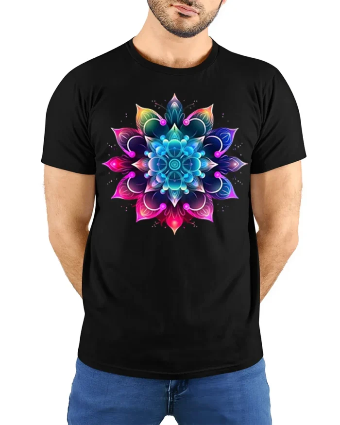 Vibrant Mandala Flower T-Shirt Spiritual Art Tee - model wearing black shirt, hands behind back