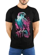 Neon Hawk T-Shirt Bold Falcon Graphic Streetwear Tee - model wearing black shirt, hands behind back