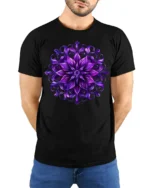 Psychedelic Floral Mandala T-Shirt Artistic Zen Style - model wearing black shirt, hands behind back