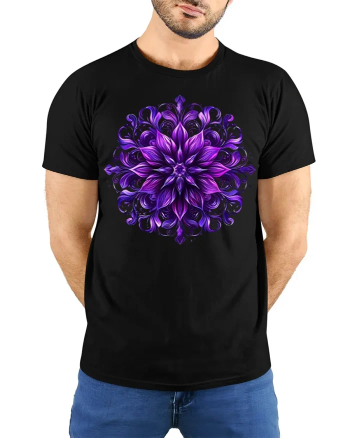 Psychedelic Floral Mandala T-Shirt  Artistic Zen Style - model wearing black shirt, hands behind back
