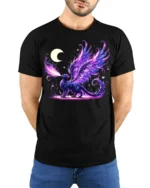Enchanted Dragon Cat T-Shirt Moon and Magic Flame Design - model wearing black shirt, hands behind back
