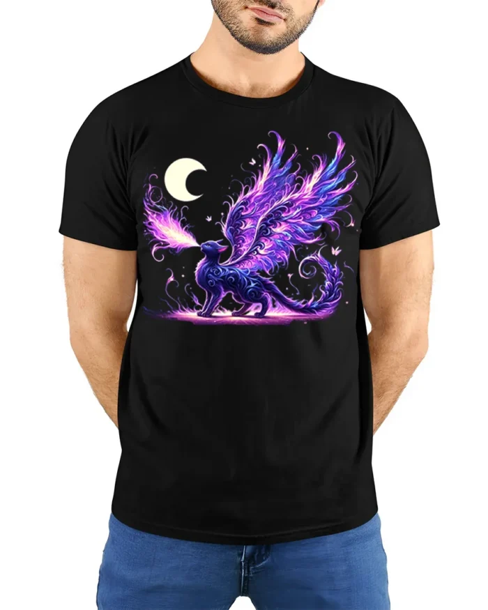 Enchanted Dragon Cat T-Shirt Moon and Magic Flame Design - model wearing black shirt, hands behind back