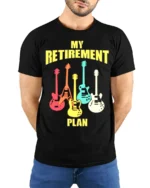 Guitar Lover’s Retirement T-Shirt Soft Cotton Rock Tee - model wearing black shirt, hands behind back