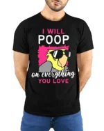 Funny Parrot T-Shirt I Will Poop on Everything You Love Tee - model wearing black shirt, hands behind back