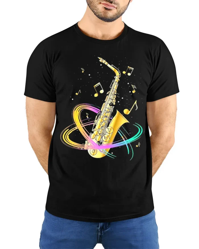 Colorful Saxophone T-Shirt Musical Jazz Notes Graphic Tee - model wearing black shirt, hands behind back