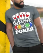 Ladies Queen of Poker T-Shirt with Chips and Card - model in grey shirt leaning against column