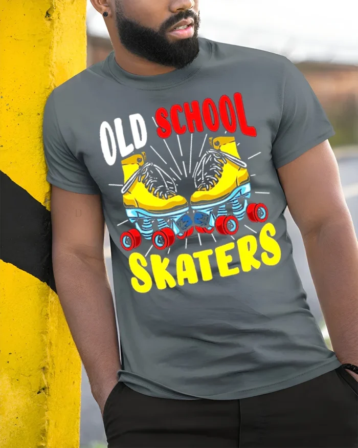 Old School Skaters T-Shirt Retro Roller Skate Graphic Tee - model in grey shirt leaning against column
