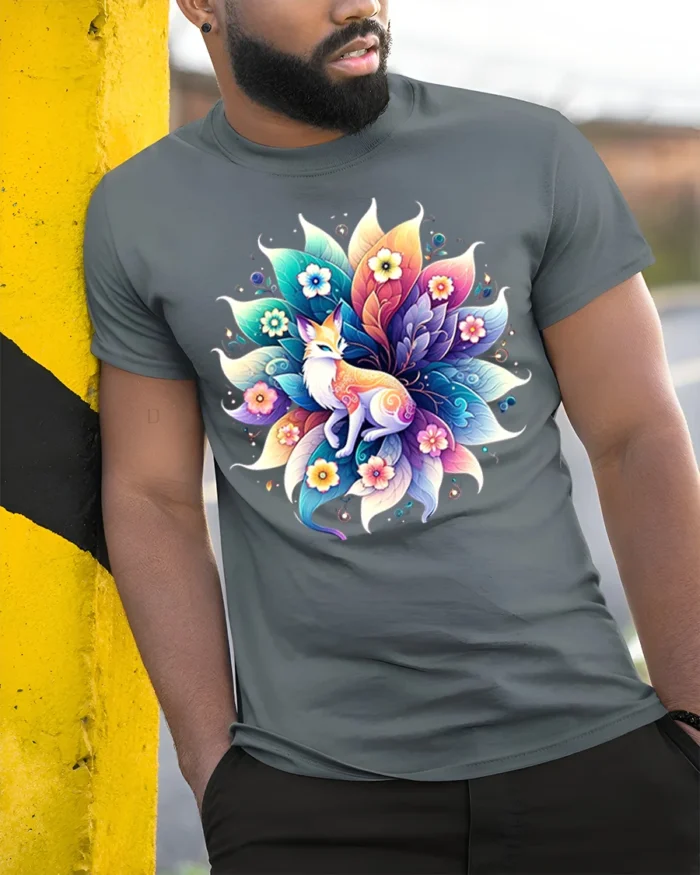 Vibrant Fox and Flowers T-Shirt Mystical Nature Art - model in grey shirt leaning against column