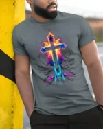 Neon Flame Cross T-Shirt Christian Faith Graphic Tee - model in grey shirt leaning against column
