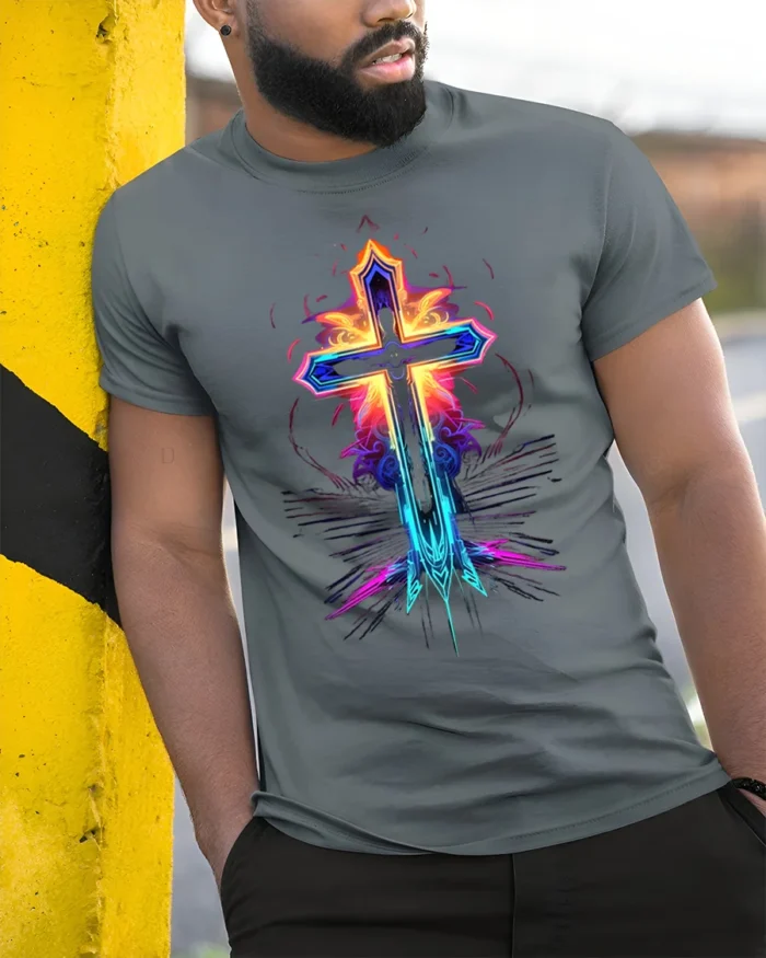 Neon Flame Cross T-Shirt Christian Faith Graphic Tee - model in grey shirt leaning against column