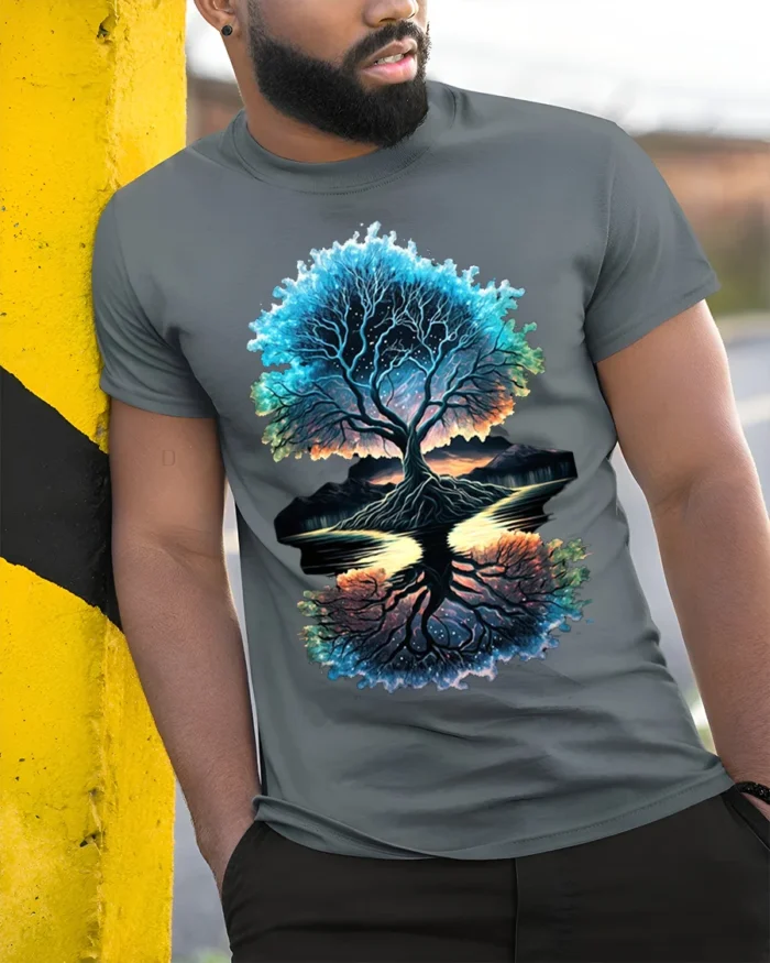Tree of Life Reflection T-Shirt Cosmic Nature Graphic Tee - model in grey shirt leaning against column
