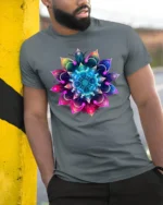 Vibrant Mandala Flower T-Shirt Spiritual Art Tee - model in grey shirt leaning against column