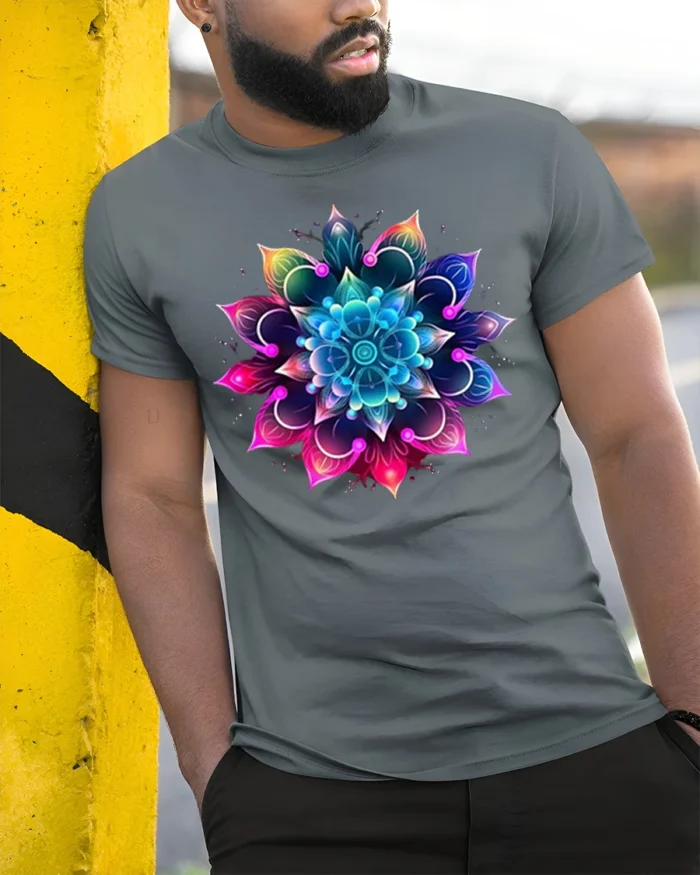 Vibrant Mandala Flower T-Shirt Spiritual Art Tee - model in grey shirt leaning against column