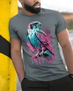 Neon Hawk T-Shirt Bold Falcon Graphic Streetwear Tee - model in grey shirt leaning against column