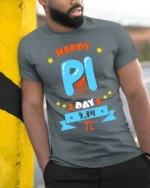 Cool Math Pi 3.14 T-Shirt for Pi Day Fun Science Tee - model in grey shirt leaning against column