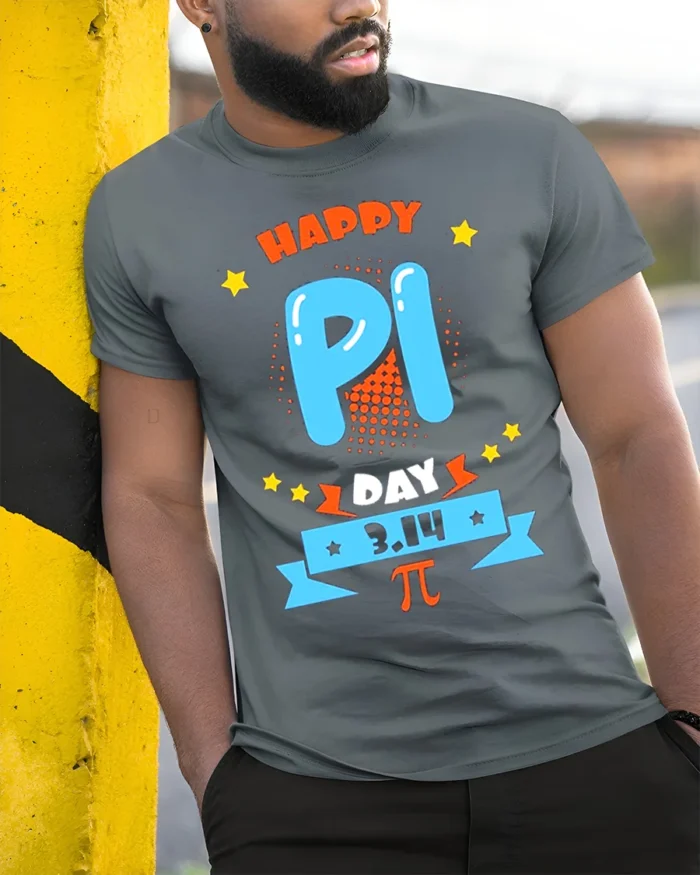 Cool Math Pi 3.14 T-Shirt for Pi Day Fun Science Tee - model in grey shirt leaning against column
