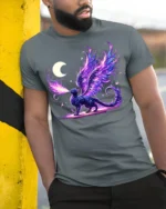 Enchanted Dragon Cat T-Shirt Moon and Magic Flame Design - model in grey shirt leaning against column