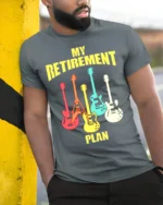 Guitar Lover’s Retirement T-Shirt Soft Cotton Rock Tee - model in grey shirt leaning against column